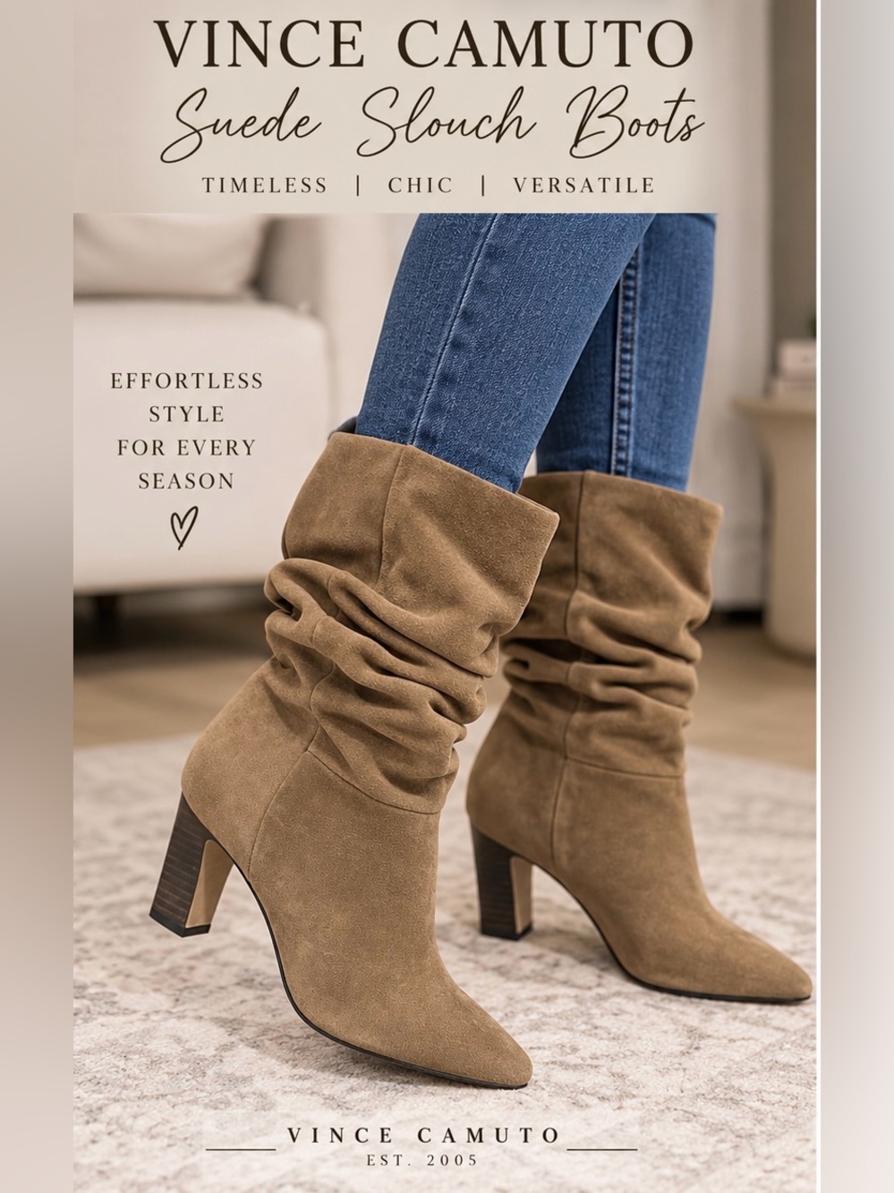 Vince Camuto Tan Suede Slouch Boots Pointed Toe Block Heel Size 8.5 M
